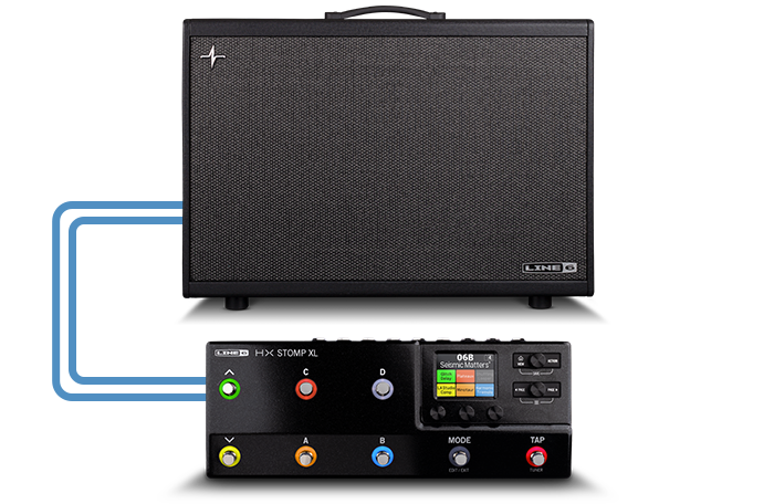 HX Stomp XL with lines showing connection to Powercab