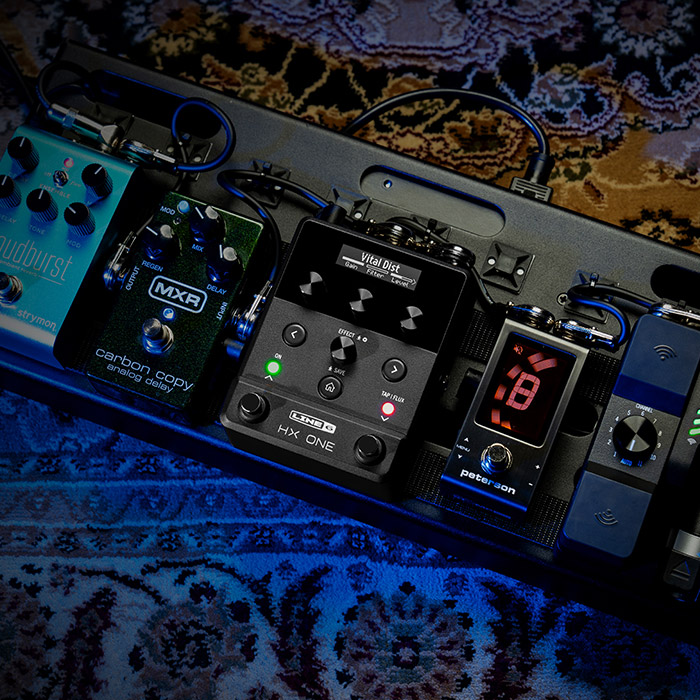 Pedalboard with Line 6 HX One, Strymon Cloudburst, MXR Carbon Copy, Peterson Tuner, Line 6 Relay G10S